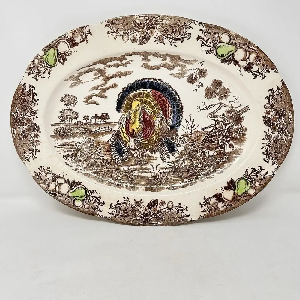 Vintage Japan Turkey Oval Platter Brown Transferware Thanksgiving Holiday 18”